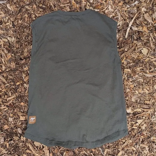 Runyon Men's Olive Green -  100% Cotton Muscle Tee - Made In USA - Hiking, Running, Workout, Fitness, Outdoors - Cottontrails Muscle Tees