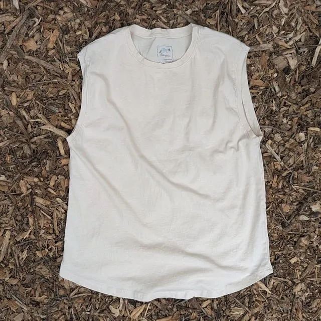 Runyon Men's Sand Creme Beige 100% Cotton Muscle Tee - Made In USA - Hiking, Running, Workout, Fitness, Outdoors - Cottontrails Muscle Tees