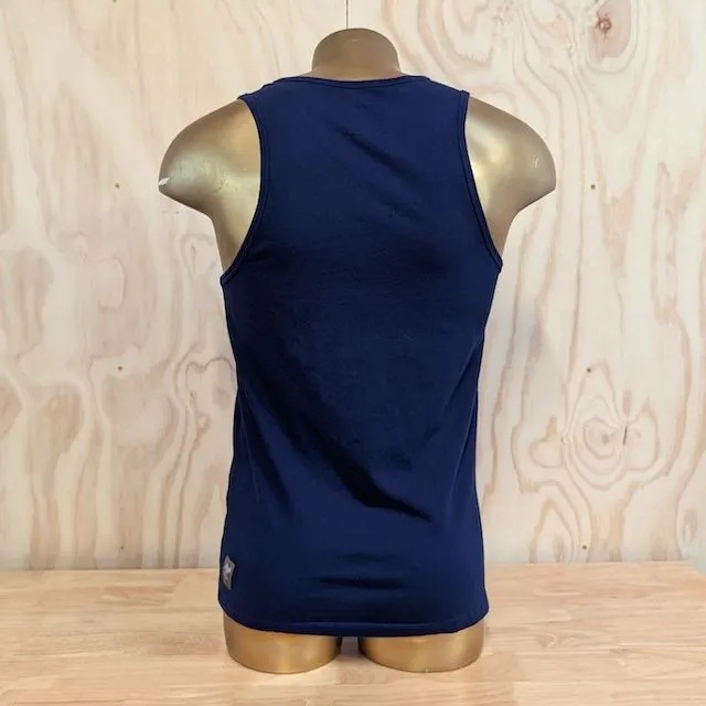 Men's 100% cotton athletic tank top singlet in dark navy blue, Made in USA by Runyon, for running, hiking, gym workouts and training