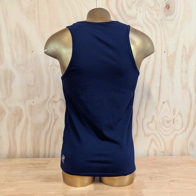 Men's 100% cotton athletic tank top singlet in dark navy blue, Made in USA by Runyon, for running, hiking, gym workouts and training