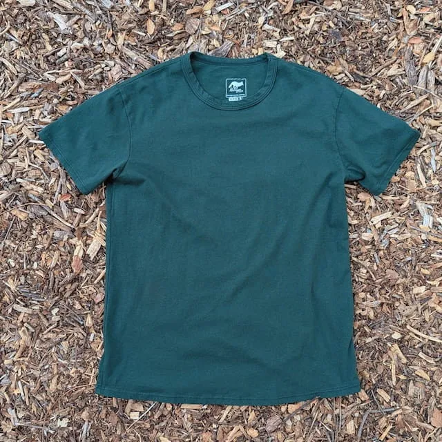 Men's 100% cotton athletic short sleeve shirt in forest green, Made in USA by Runyon, for running, hiking, gym workouts and training
