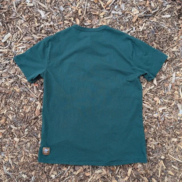 Men's 100% cotton athletic short sleeve shirt in forest green, Made in USA by Runyon, for running, hiking, gym workouts and training