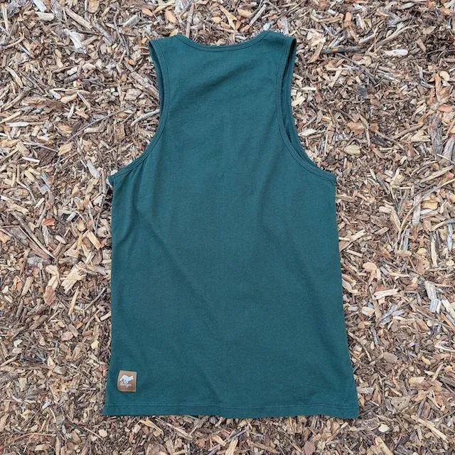 Men's 100% cotton athletic tank top singlet in Forest Green, Made in USA by Runyon, for running, hiking, gym workouts and training