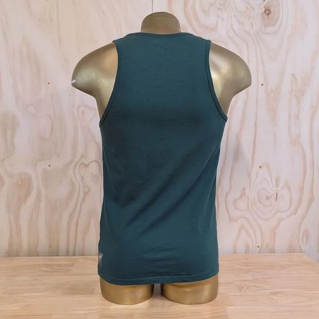 Men's 100% cotton athletic tank top singlet in Forest Green, Made in USA by Runyon, for running, hiking, gym workouts and training