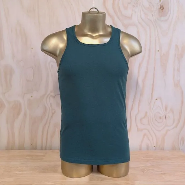 Men's 100% cotton athletic tank top singlet in Forest Green, Made in USA by Runyon, for running, hiking, gym workouts and training