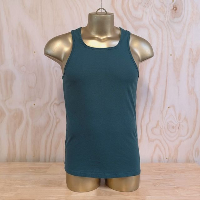 Men's 100% cotton athletic tank top singlet in Forest Green, Made in USA by Runyon, for running, hiking, gym workouts and training