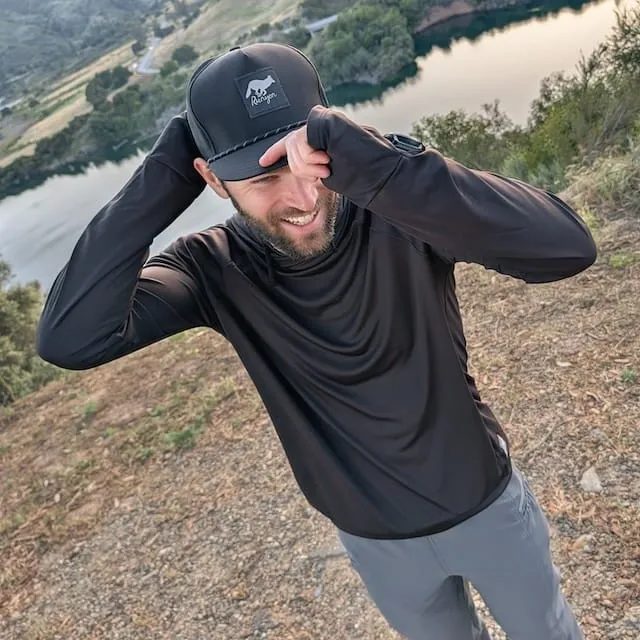 Runyon Men's Black Unisex Pocketed Sun Hoodie - Drawcord, Inside Pockets, Watch Window, Lightweight, UPF Sun Protection, Minimal Branding