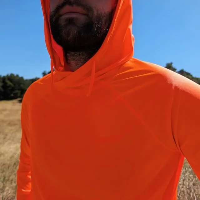 Runyon Men's Hot Orange Safety Orange Unisex Pocketed Sun Hoodie - Drawcord, Inside Pockets, Watch Window, Lightweight, UPF Sun Protection, Minimal Branding