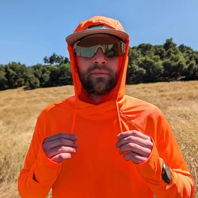 Runyon Men's Hot Orange Safety Orange Unisex Pocketed Sun Hoodie - Drawcord, Inside Pockets, Watch Window, Lightweight, UPF Sun Protection, Minimal Branding