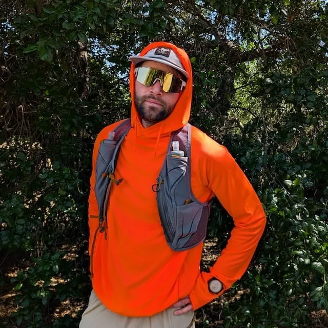 Runyon Men's Hot Orange Safety Orange Unisex Pocketed Sun Hoodie - Drawcord, Inside Pockets, Watch Window, Lightweight, UPF Sun Protection, Minimal Branding