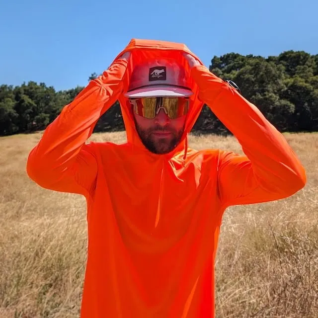 Runyon Men's Hot Orange Safety Orange Unisex Pocketed Sun Hoodie - Drawcord, Inside Pockets, Watch Window, Lightweight, UPF Sun Protection, Minimal Branding