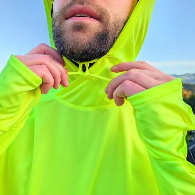 Runyon Men's Fluorescent Yellow Safety Yellow Unisex Pocketed Sun Hoodie - Drawcord, Inside Pockets, Watch Window, Lightweight, UPF Sun Protection, Minimal Branding
