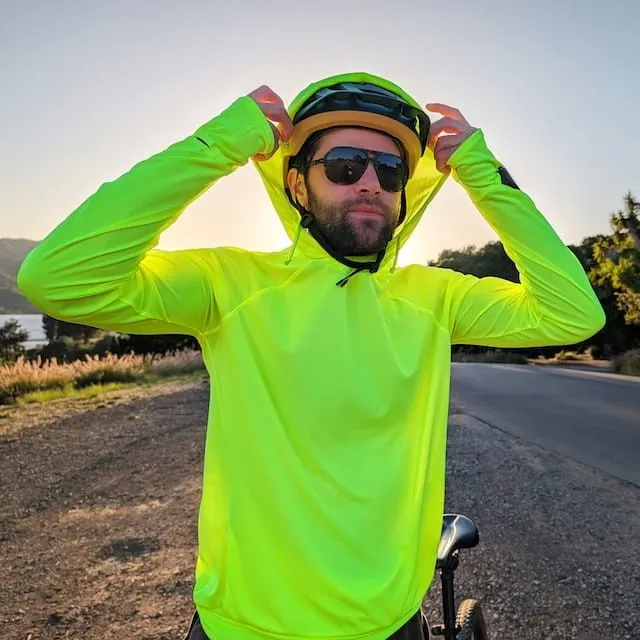 Runyon Men's Fluorescent Yellow Safety Yellow Unisex Pocketed Sun Hoodie - Drawcord, Inside Pockets, Watch Window, Lightweight, UPF Sun Protection, Minimal Branding