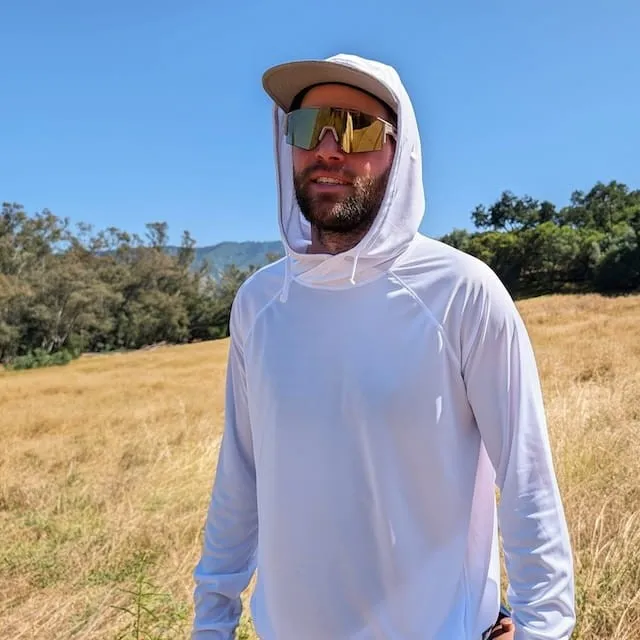 Runyon Men's White Unisex Pocketed Sun Hoodie - Drawcord, Inside Pockets, Watch Window, Lightweight, UPF Sun Protection, Minimal Branding