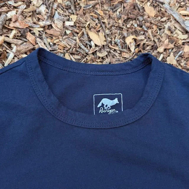 Men's 100% cotton athletic short sleeve shirt in Dark Navy Blue, Made in USA by Runyon, for running, hiking, gym workouts and training