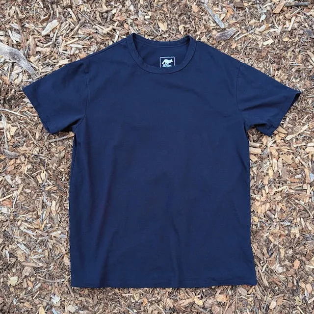 Men's 100% cotton athletic short sleeve shirt in Dark Navy Blue, Made in USA by Runyon, for running, hiking, gym workouts and training