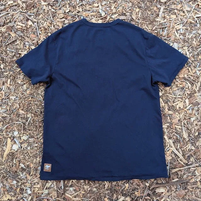Men's 100% cotton athletic short sleeve shirt in Dark Navy Blue, Made in USA by Runyon, for running, hiking, gym workouts and training