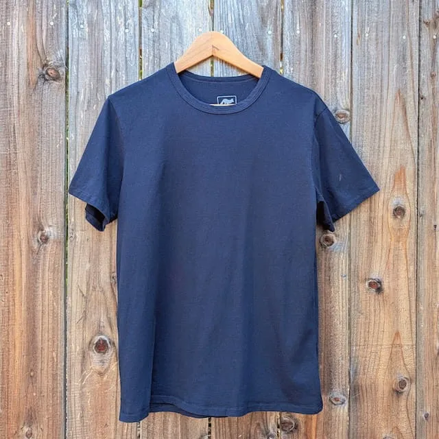 Men's 100% cotton athletic short sleeve shirt in Dark Navy Blue, Made in USA by Runyon, for running, hiking, gym workouts and training
