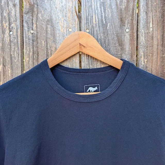 Men's 100% cotton athletic short sleeve shirt in Dark Navy Blue, Made in USA by Runyon, for running, hiking, gym workouts and training