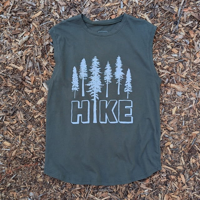 Men's Olive Green Sleeveless Muscle Tee 100% Cotton Cottontrails American Made In The USA - HIKE Print - Hiking, Running