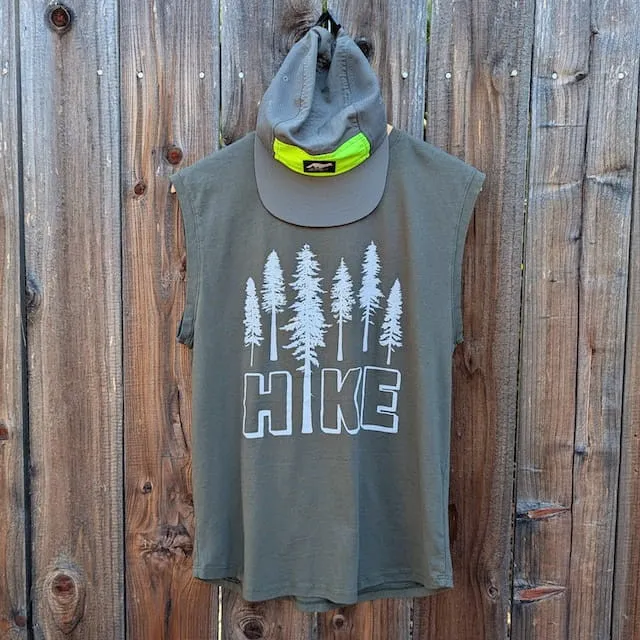 Men's Olive Green Sleeveless Muscle Tee 100% Cotton Cottontrails American Made In The USA - HIKE Print - Hiking, Running