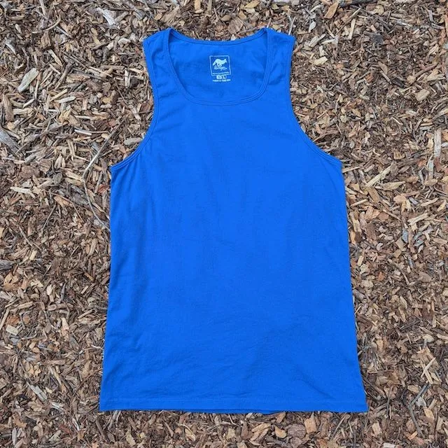 Men's 100% cotton athletic tank top singlet in Royal Blue, Made in USA by Runyon, for running, hiking, gym workouts and training