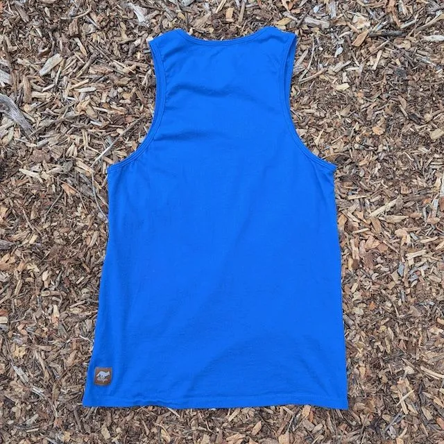 Men's 100% cotton athletic tank top singlet in Royal Blue, Made in USA by Runyon, for running, hiking, gym workouts and training