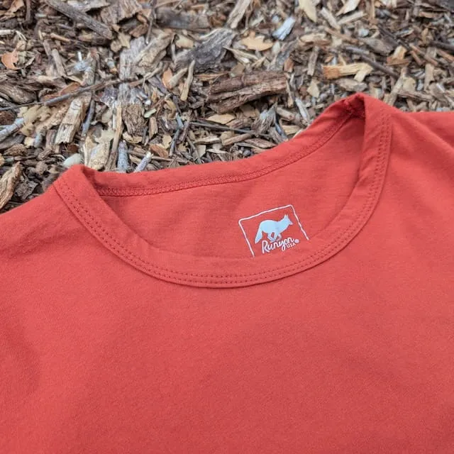 Men's 100% cotton athletic short sleeve shirt in Rust Brick Red, Made in USA by Runyon, for running, hiking, gym workouts and training