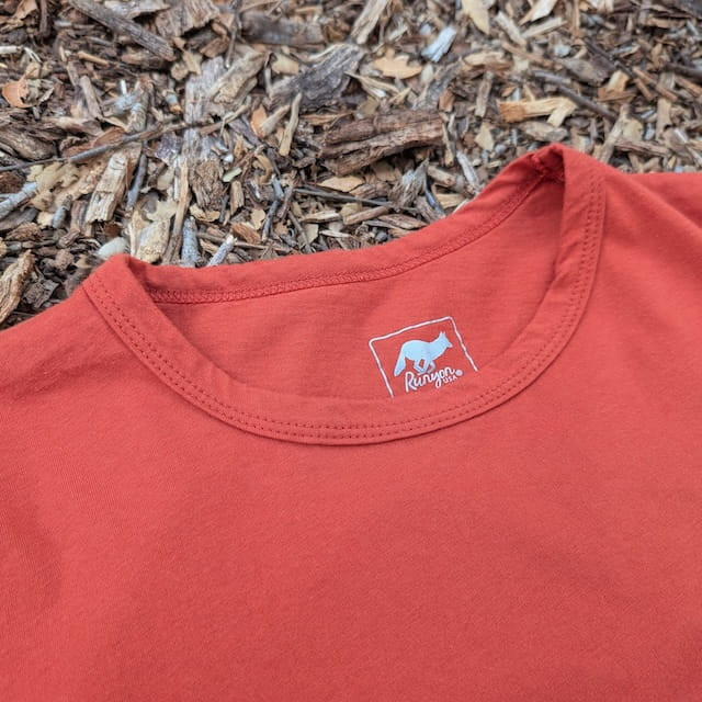 Men's 100% cotton athletic short sleeve shirt in Rust Brick Red, Made in USA by Runyon, for running, hiking, gym workouts and training