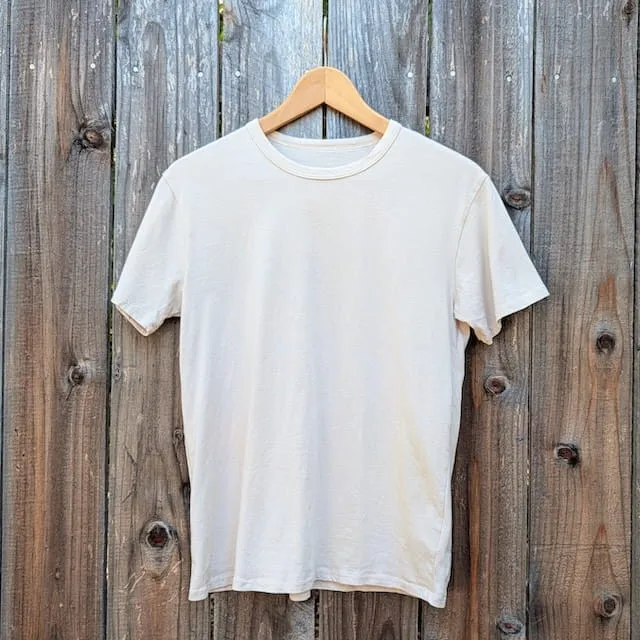 Men's 100% cotton athletic short sleeve shirt in sand, Made in USA by Runyon, for running, hiking, gym workouts and training
