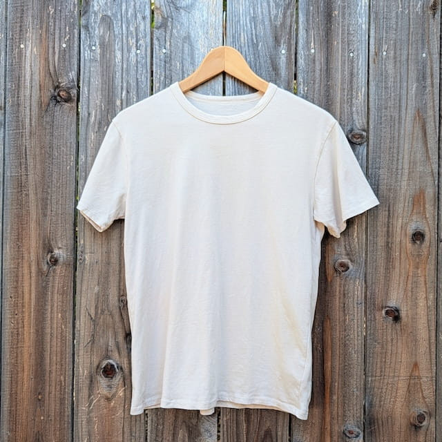 Men's 100% cotton athletic short sleeve shirt in sand, Made in USA by Runyon, for running, hiking, gym workouts and training
