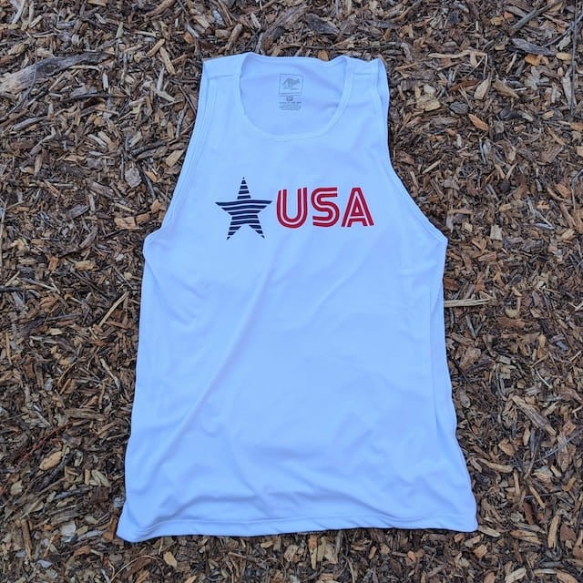 Runyon Men's Star USA White Hybrid Training Tank Muscle Tank great for Running, Hiking, Outdoor Fitness Made In USA