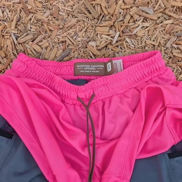 Runyon SupraPlush™ Hot Pink 5-inch men's running shorts with 2-in-1 compression liner, lightweight performance shell, dual side pockets, phone pockets, handcrafted in Los Angeles, Made in USA.