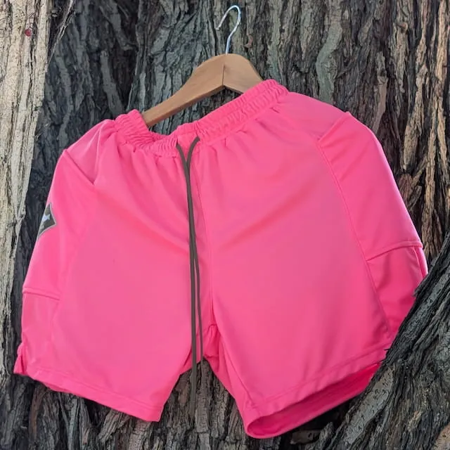 Runyon SupraPlush™ Hot Pink 5-inch men's running shorts with 2-in-1 compression liner, lightweight performance shell, dual side pockets, phone pockets, handcrafted in Los Angeles, Made in USA.