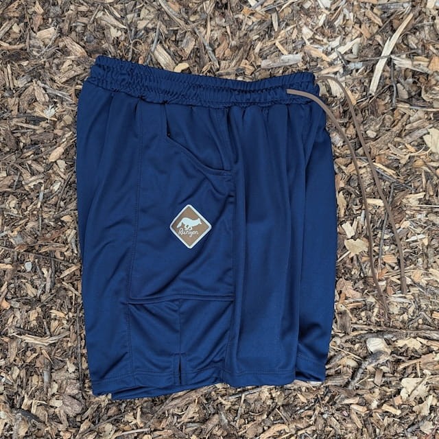Runyon SupraPlush™ navy blue 5-inch men's running shorts with 2-in-1 compression liner, lightweight performance shell, dual side pockets, phone pockets, handcrafted in Los Angeles, Made in USA.