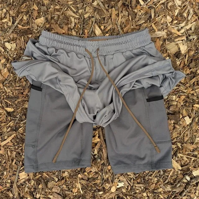 Runyon SupraPlush™ steel grey 5-inch men's running shorts with 2-in-1 compression liner, lightweight performance shell, dual side pockets, phone pockets, handcrafted in Los Angeles, Made in USA.
