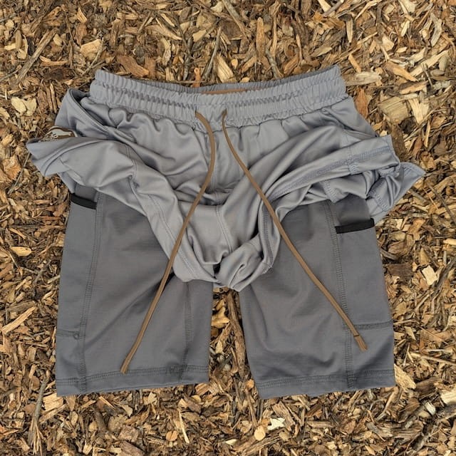 Runyon SupraPlush™ steel grey 5-inch men's running shorts with 2-in-1 compression liner, lightweight performance shell, dual side pockets, phone pockets, handcrafted in Los Angeles, Made in USA.