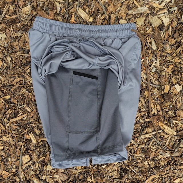 Runyon SupraPlush™ steel grey 5-inch men's running shorts with 2-in-1 compression liner, lightweight performance shell, dual side pockets, phone pockets, handcrafted in Los Angeles, Made in USA.