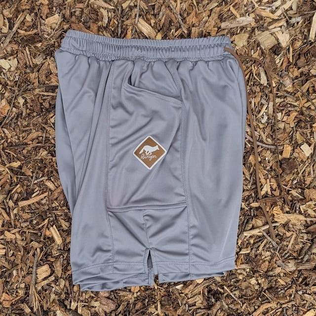 Runyon SupraPlush™ steel grey 5-inch men's running shorts with 2-in-1 compression liner, lightweight performance shell, dual side pockets, phone pockets, handcrafted in Los Angeles, Made in USA.