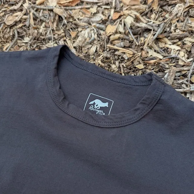 Men's 100% cotton athletic short sleeve shirt in vintage black, Made in USA by Runyon, for running, hiking, gym workouts and training