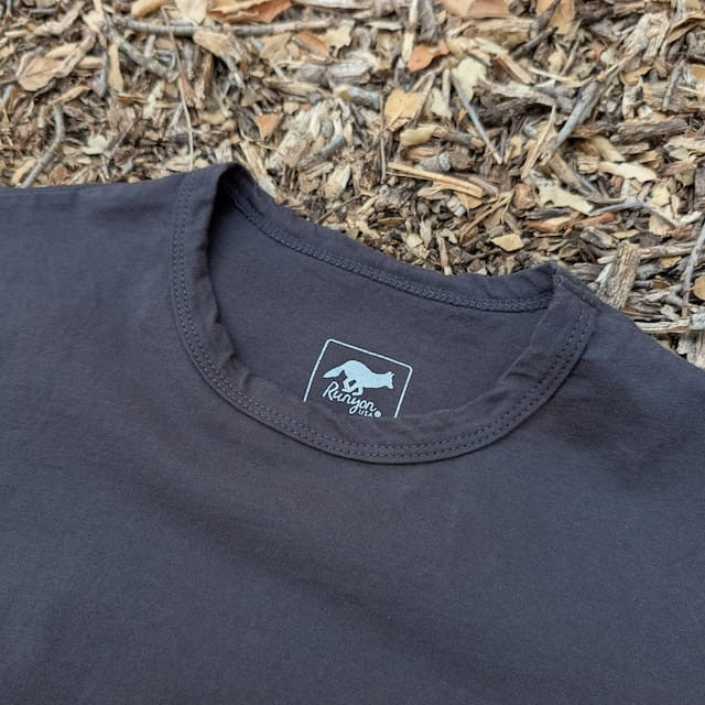 Men's 100% cotton athletic short sleeve shirt in vintage black, Made in USA by Runyon, for running, hiking, gym workouts and training