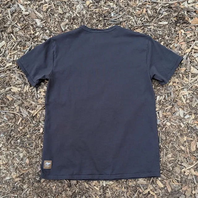 Men's 100% cotton athletic short sleeve shirt in vintage black, Made in USA by Runyon, for running, hiking, gym workouts and training