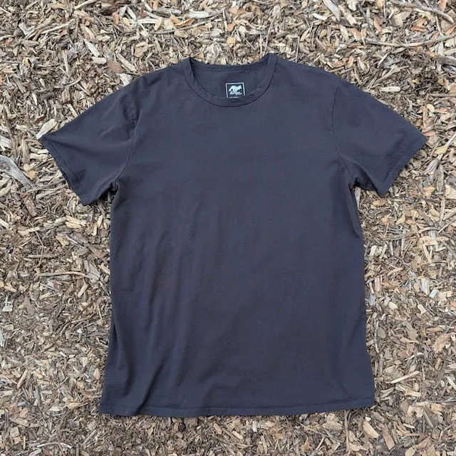 Men's 100% cotton athletic short sleeve shirt in vintage black, Made in USA by Runyon, for running, hiking, gym workouts and training