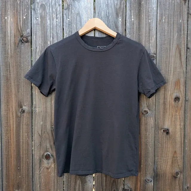 Men's 100% cotton athletic short sleeve shirt in vintage black, Made in USA by Runyon, for running, hiking, gym workouts and training