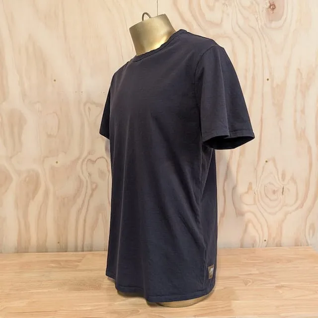 Men's 100% cotton athletic short sleeve shirt in vintage black, Made in USA by Runyon, for running, hiking, gym workouts and training