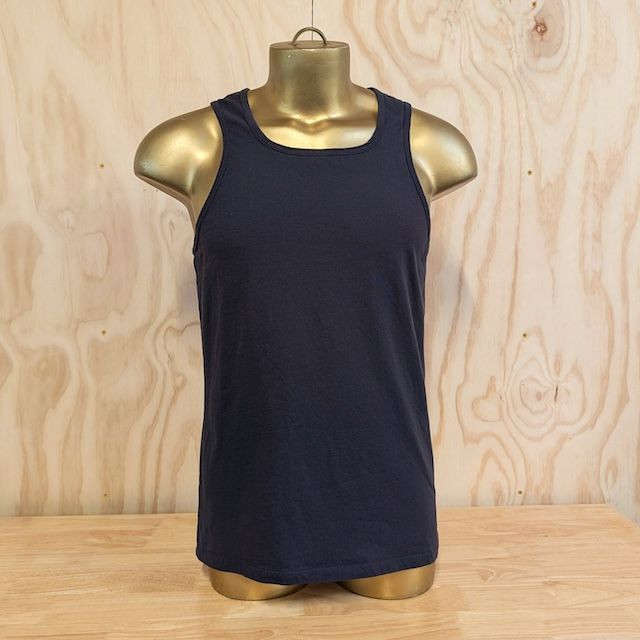 Men's 100% cotton athletic tank top singlet in vintage black, Made in USA by Runyon, for running, hiking, gym workouts and training
