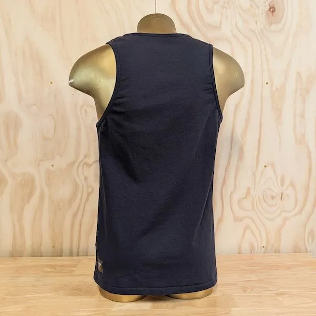 Men's 100% cotton athletic tank top singlet in vintage black, Made in USA by Runyon, for running, hiking, gym workouts and training