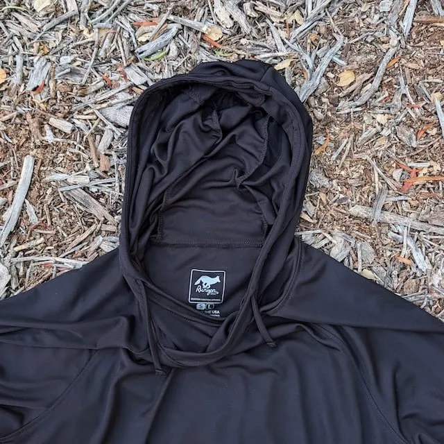 Runyon Men's Black Unisex Pocketed Sun Hoodie - Drawcord, Inside Pockets, Watch Window, Lightweight, UPF Sun Protection, Minimal Branding