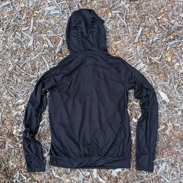 Runyon Women's Black Unisex Pocketed Sun Hoodie - Drawcord, Inside Pockets, Watch Window, Lightweight, UPF Sun Protection, Minimal Branding