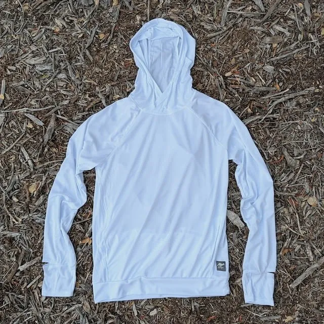 Runyon Women's White Unisex Pocketed Sun Hoodie - Drawcord, Inside Pockets, Watch Window, Lightweight, UPF Sun Protection, Minimal Branding